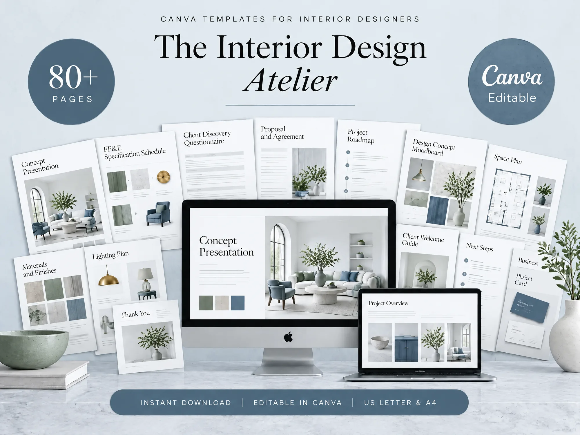 The Interior Design Atelier, with the concept presentation on a screen among the FF&E schedule, client forms and stationery