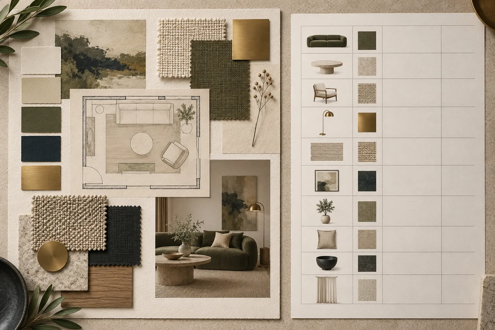 A concept board passing selected items into a separate FF&E specification schedule