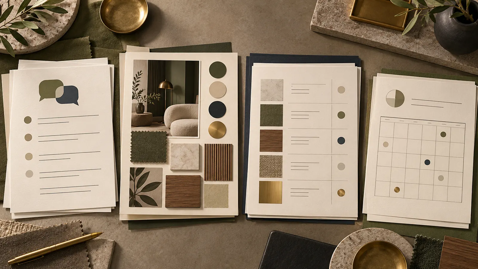 Interior design client documents grouped by discovery, design decisions, specifications, and project follow-up
