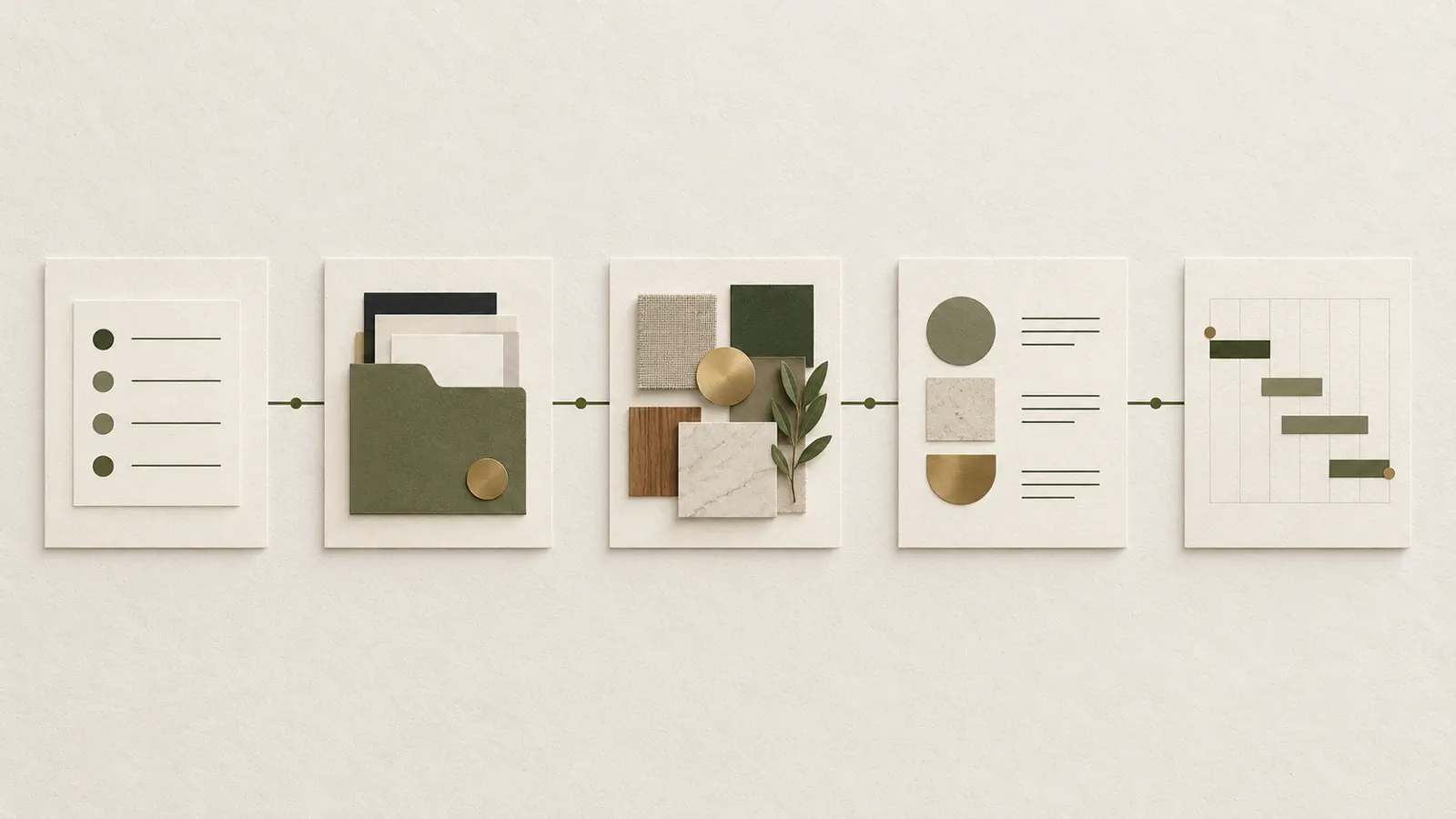 An interior design project flow from client discovery to proposal, presentation, specifications, and delivery